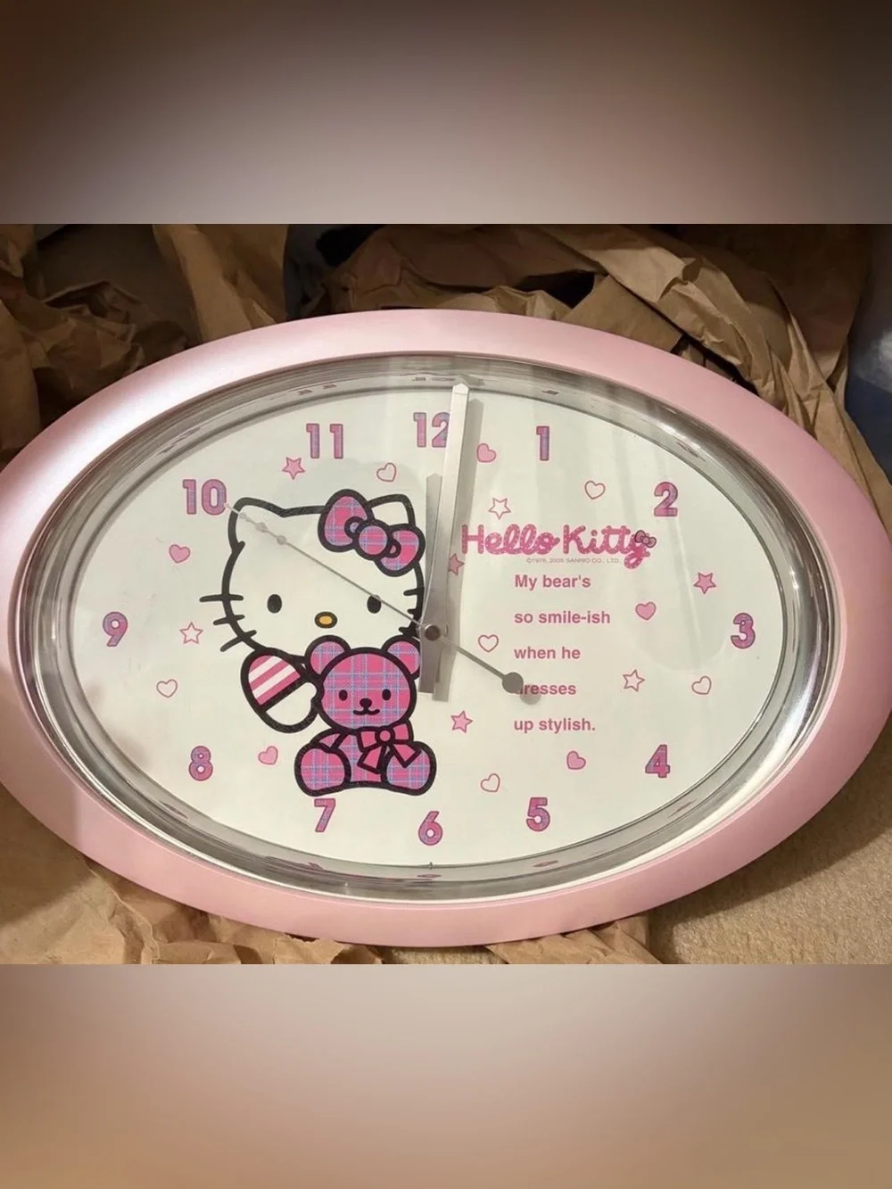 Hello Kitty Pink Oval Wall Clock with Teddy Graphic 2005 USED